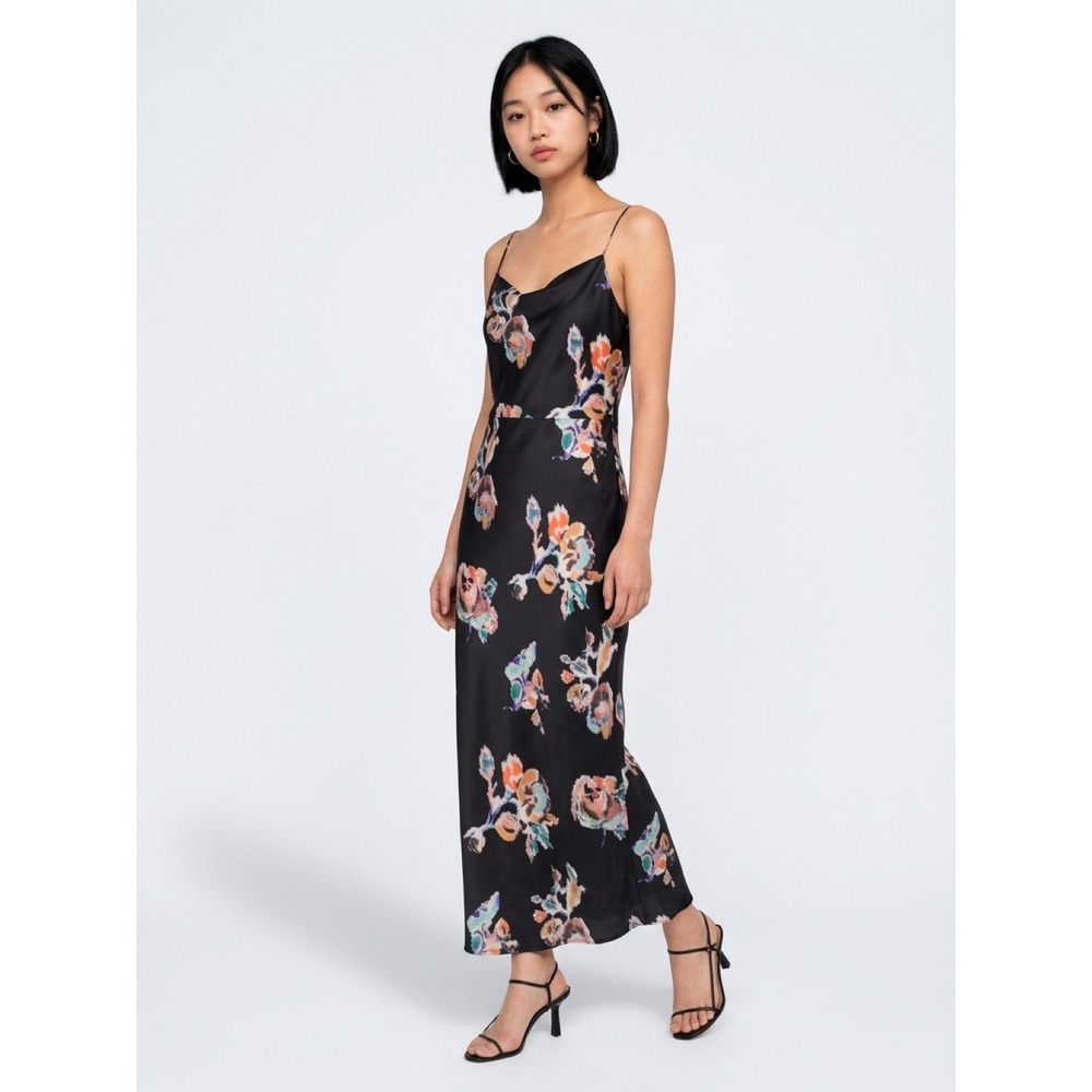 Vince Painted Floral Satin Slip Dress Cowl Maxi Romantic Coquette Grunge 00/XXS